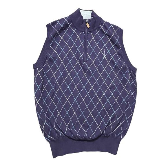 Peter Millar Sweater Vest Mens Medium Nav Argyle Merino Wool 1/4 Zip Carmel Golf